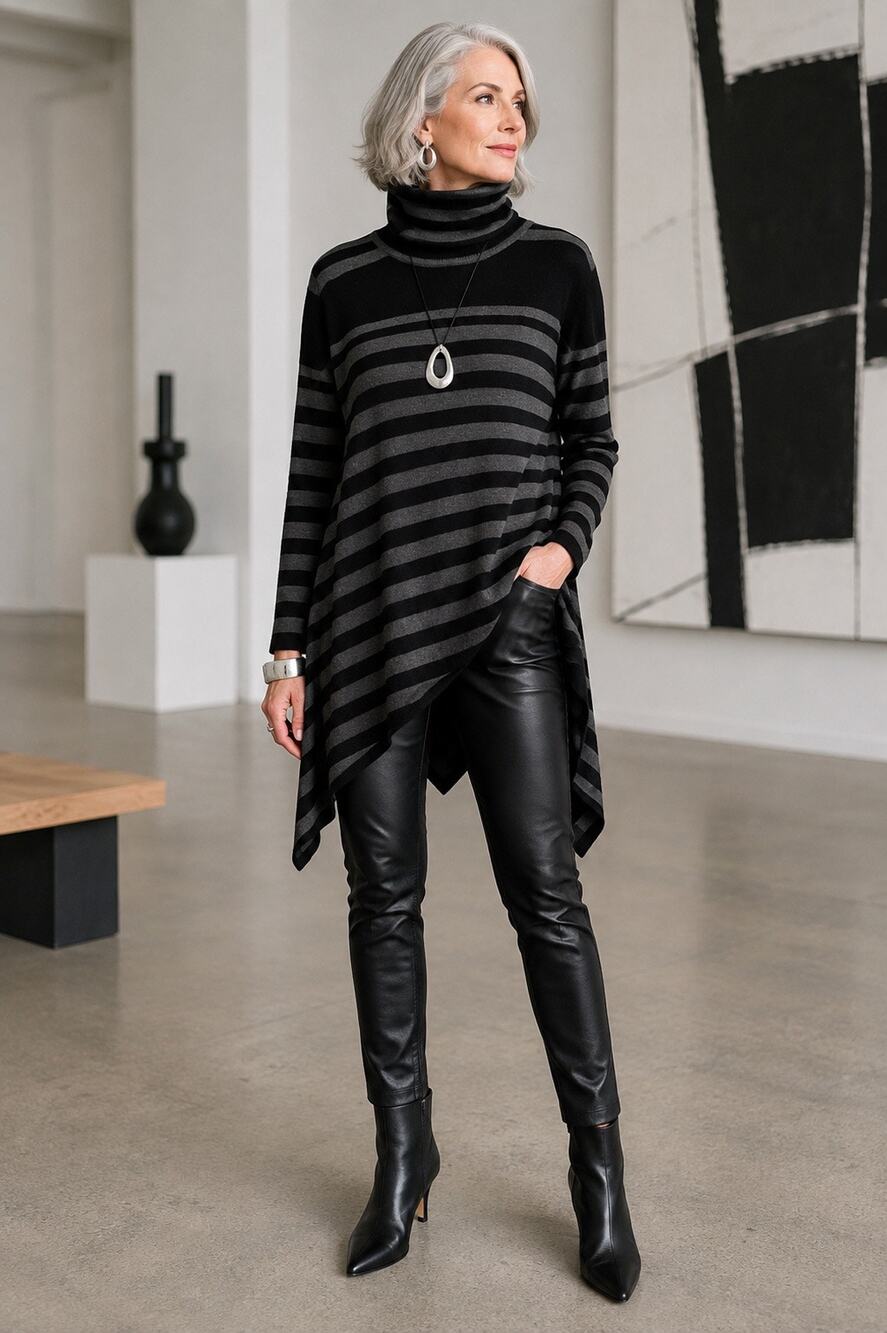 Joan Vass Studio Striped Turtleneck Sweater Small Black Gray Asymmetrical Hem